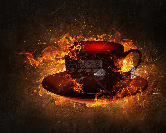 热咖啡饮料杯咖啡黑暗背景下的火焰中图片