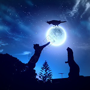 晚安月亮夜空中动物的剪影满月的夜空中动物的轮廓背景