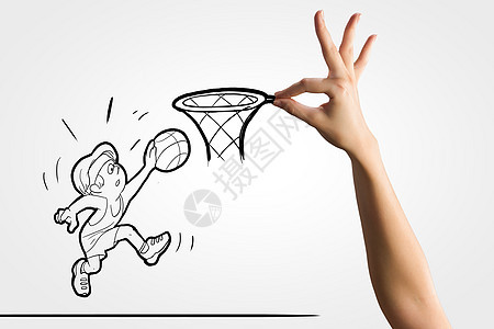 篮球比赛篮球运动员把球放篮子里的滑稽漫画图片