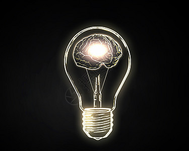 人类的头脑黑暗背景下,人类的大脑灯泡内部发光图片