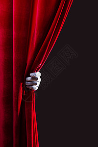红色窗帘用白色手套合上手,打开窗帘文字的位置图片