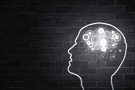 思维彩超思维机制用齿轮机构代替大脑的人头轮廓背景