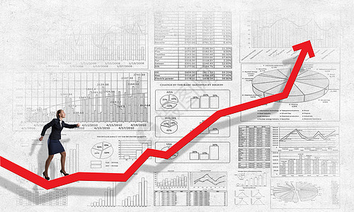 沃玛运行图表上轻的女商人断增加的箭头图上奔跑图片