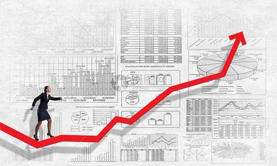 沃玛运行图表上轻的女商人断增加的箭头图上奔跑图片