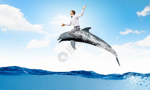 轻快乐的人骑着海豚跳水人类骑海豚背景