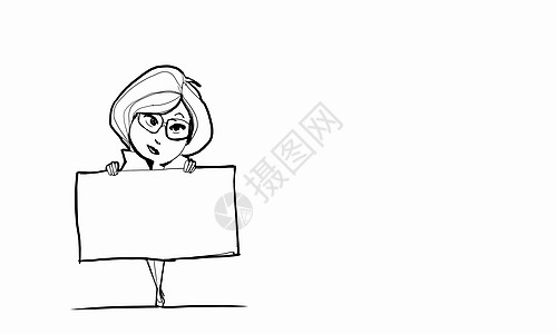 老师卡通卡通趣的女人白色背景上带空白横幅的女人的漫画背景