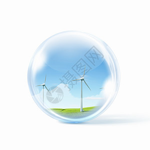 透明风车素材风能璃球体内的风力涡轮机风车背景