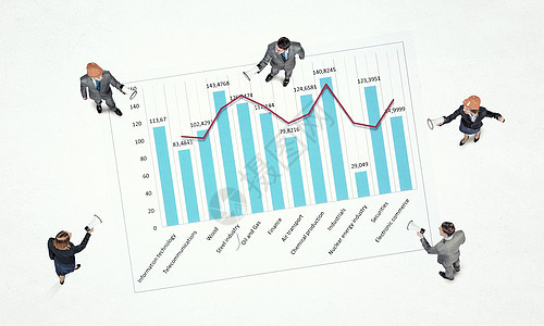 商业增长的动态商业人员的顶部视图,以及地板上的图表图表图片