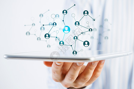 社会网络结构近距离看待商人持平板电脑提出的社交网络背景图片