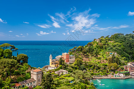 欧洲别墅意大利利古里亚海岸的波托菲诺村背景