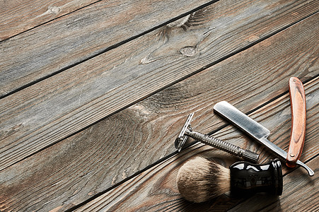 老式理发店工具旧的木制背景图片