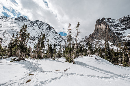 雪景与岩石山脉秋天与多云的天空美国科罗拉多州洛基山公园图片