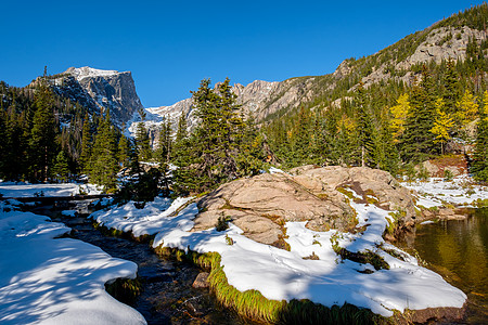 秋天雪中观看哈雷特峰平顶山翡翠湖的小径美国科罗拉多州洛基山公园图片