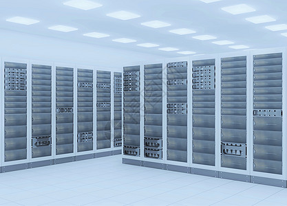 计算机网络服务器机房3D渲染代表互联网托管公司数据中心的背景图片