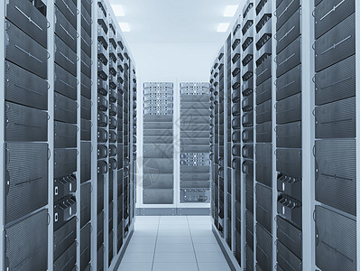 计算机网络服务器机房3D渲染代表互联网托管公司数据中心的背景图片