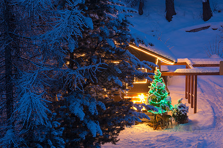 诞树户外装饰个下雪的夜晚,礼物照明木制的家图片