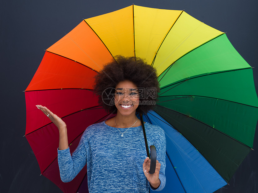 轻美丽的非裔美国妇女的肖像,着把五颜六色的伞,孤立灰色的背景上图片