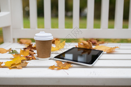 季节,技术广告平板电脑电脑咖啡纸杯秋季公园的长凳上图片