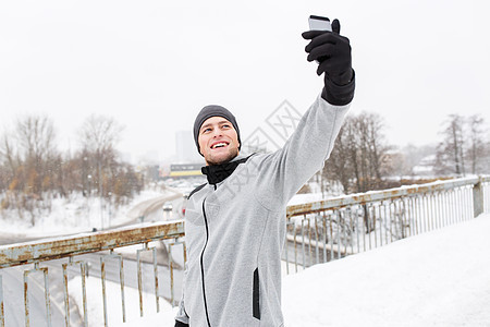 健身,运动,人,锻炼健康的生活方式轻人冬天用智能手机自拍图片