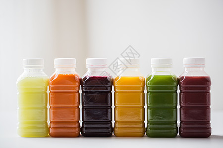 健康的饮食,饮料,饮食排塑料瓶与同的水果蔬菜汁白色背景图片