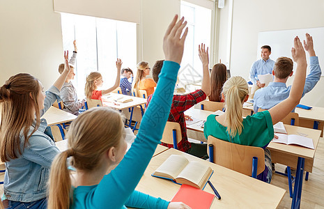 教育高中教学学人的群快乐的学生课堂上举手老师图片