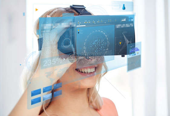 技术,增强现实,娱乐活动人的快乐的轻妇女与虚拟耳机3D眼镜屏幕投影女虚拟现实耳机3D眼镜图片