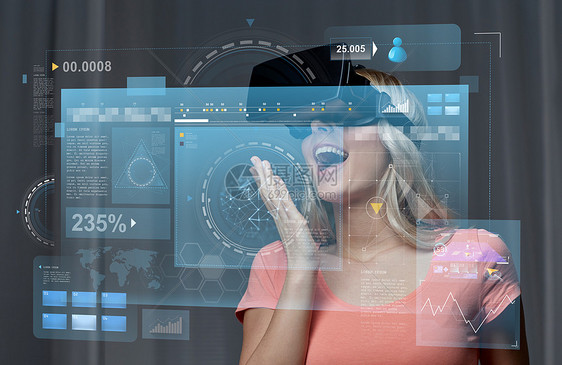 技术,增强现实,网络,娱乐活动人们的快乐惊讶的轻妇女与虚拟耳机3D眼镜家里屏幕投影女虚拟现实耳机3D眼图片