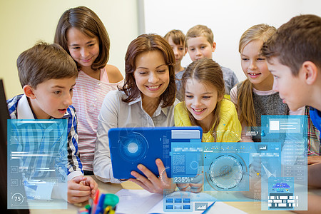 教育,小学,学,技术人的群孩子与教师期待平板电脑课堂虚拟屏幕投影群学校老师平板电脑的孩子图片