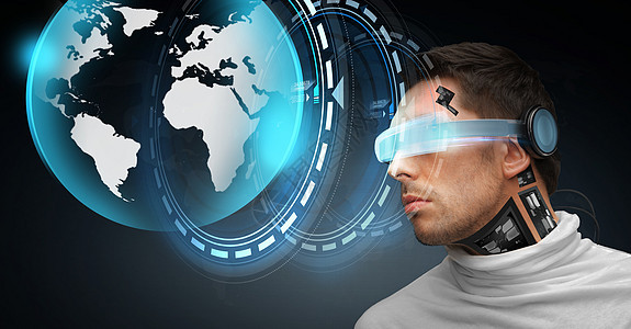 人,技术,未来进步人与三维眼镜微芯片植入传感器与虚拟地球投影黑暗的背景带着未来眼镜传感器的男人图片