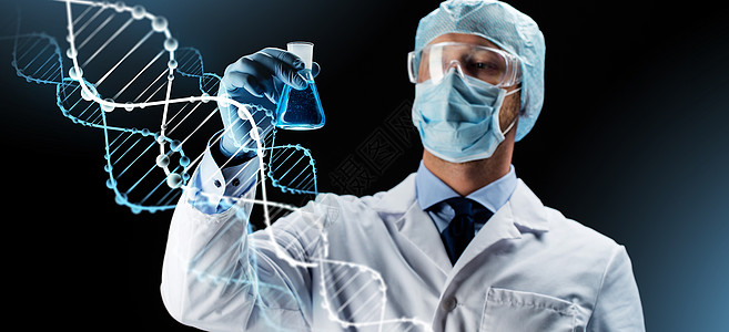 科学,化学,研究人的轻的科学家保护具,帽子护目镜持测试瓶与化学黑暗背景DNA分子科学家具持瓶与化图片