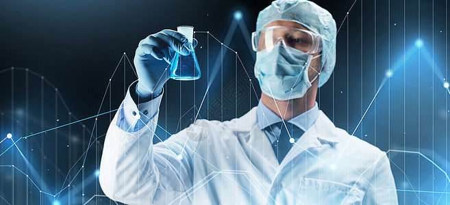 科学,化学,研究人的轻的科学家保护具,帽子护目镜持测试瓶与化学黑暗背景虚拟图表科学家具持瓶与化学图片