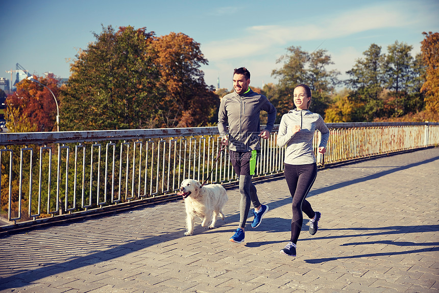 健身,运动,人慢跑的快乐的夫妇与狗户外跑步快乐的狗户外跑步图片
