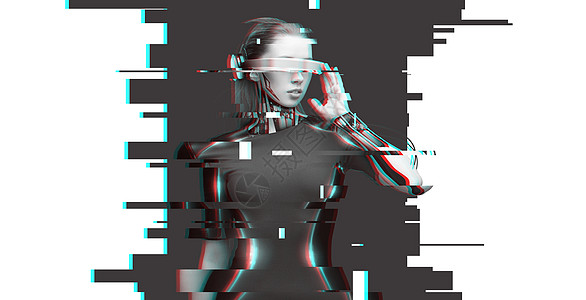 人,网络,未来的技术进步妇女机器人与三维眼镜微芯片植入传感器的虚拟故障效应带未来主义眼镜传感器的女机器人图片