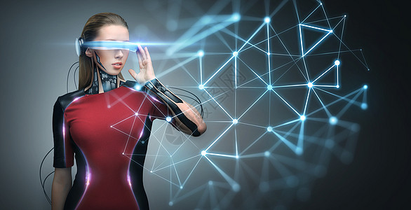 增强现实,技术,商业,未来人的女虚拟眼镜微芯片植入传感器看低聚网络投影虚拟现实眼镜微芯片中的女人图片