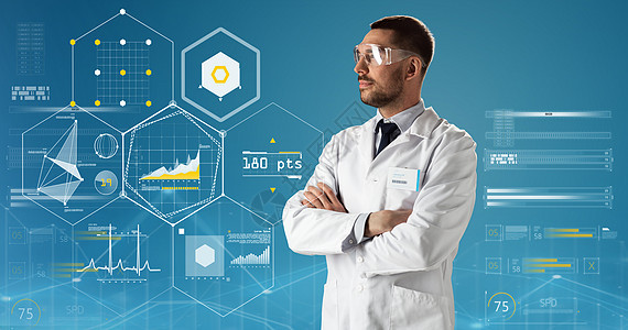 医学,科学,医疗保健人的男医生科学家穿白色外套安全眼镜蓝色背景医生科学家穿着实验室外套安全眼镜图片
