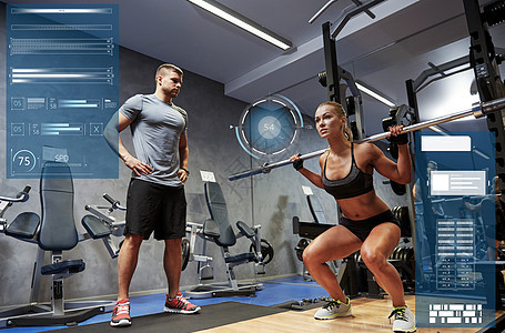 运动,健身,健美,锻炼人的男人女人与酒吧弯曲肌肉健身房虚拟图表男人女人健身房里用酒吧弯曲肌肉图片