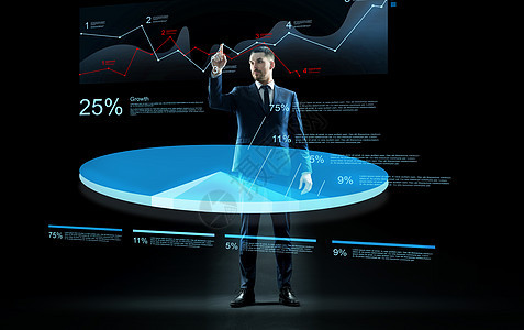 商业,人统计商人穿着西装与虚拟饼图全息图黑色背景下工作商人用虚拟图表全息图图片