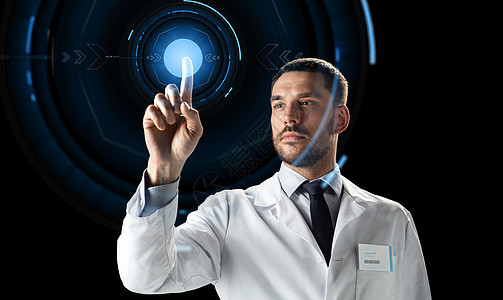 科学,未来技术人的医生科学家穿白色外套黑色背景与虚拟投影虚拟投影的医生科学家图片