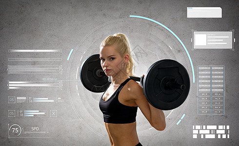 运动,健身人的轻的运动女运动与杠铃灰色背景轻的运动女人用杠铃锻炼图片