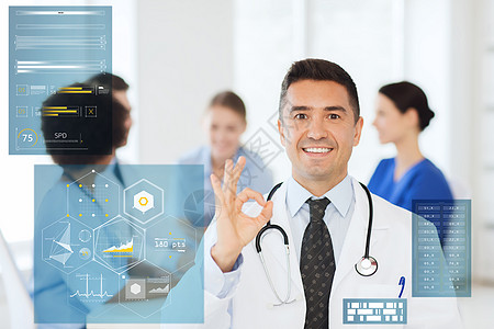 医学,医疗保健,技术人的快乐的男医生超过医疗会议医院OK手征快乐的医生医院好的手牌图片