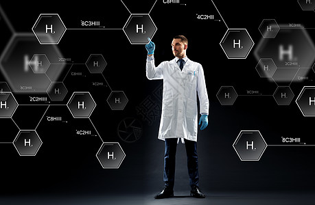 科学,未来技术化学医生科学家穿白色外套医用手套与虚拟化学公式投影黑色背景虚拟化学公式投影的科学家图片