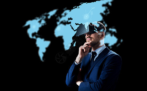 商业,人,增强现实现代技术商人虚拟耳机看世界投影黑色背景商人虚拟现实耳机黑色图片