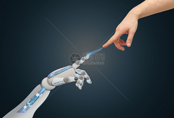 科学,未来技术人的人类机器人的手蓝色背景下互相接触人类机器人的手互相接触图片