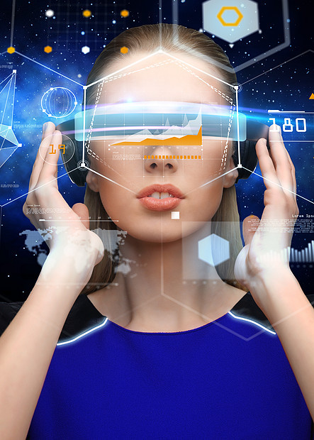 增强现实,科学,未来技术人的美丽的女人未来的三维眼镜与虚拟图表投影背景虚拟现实中的女人带图表的三维眼镜图片