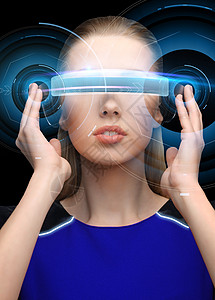 增强现实,科学,未来技术人的美丽的女人未来的三维眼镜与虚拟投影黑色背景妇女虚拟现实三维眼镜与全息图图片