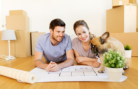 抵押贷款,人房地产的幸福的夫妇与盒子,蓝图狗搬新的家夫妇新家盒子,蓝图狗图片