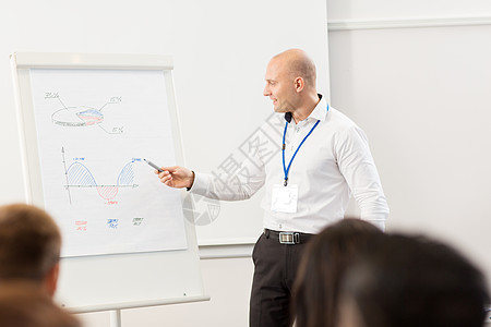 商业,教育战略微笑的商人白板上向会议上的群人展示图表出席商务会议的群人图片