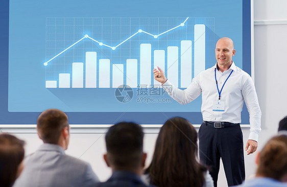 商业,统计人的微笑的商人讲师与图表投影屏幕学生会议演示讲座出席商务会议讲座的群人图片