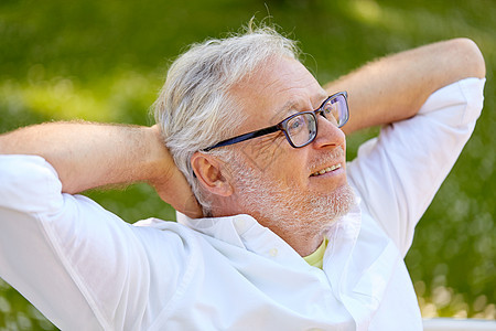 老退休人们的观念快乐的老人戴着眼镜,坐户外放松戴眼镜的快乐老人坐夏天的公园里图片