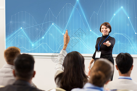 商业,统计人的微笑的女商人讲师与图表投影屏幕上回答问题会议演示讲座出席商务会议讲座的群人图片